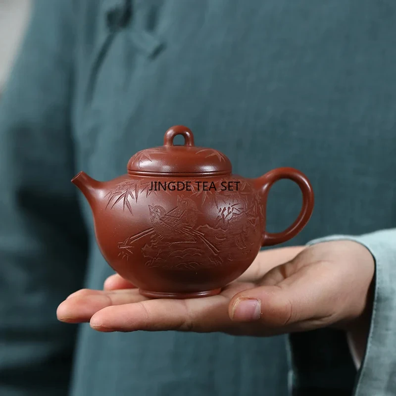 180ml Yixing purple clay teapot hand carved with bird and bamboo leaves infusion tea pot Chinese tea set