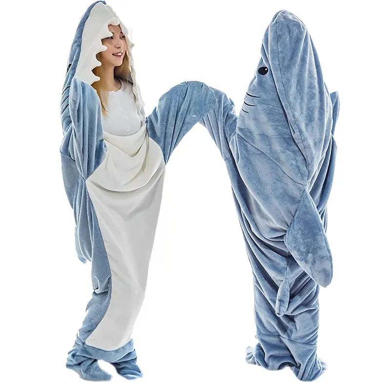 thumbnail image 1 of HH TRAF - Mantas cálidas de invierno con capucha y tiburón, pijamas de franela, saco de dormir de felpa para niños y adultos, pijamas acogedores con tiburón, 1 of 5