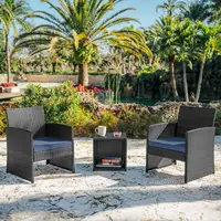 3-Piece Wicker Patio Furniture Set with Table and 2 Chairs, Waterproof Outdoor Seating in Grey/Navy 2