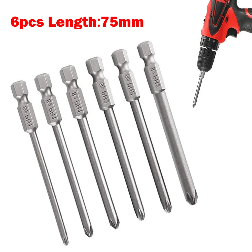 

6Pcs Non-Slip Magnetic Batch Head Phillips/Cross Screwdriver Drill Bits 1/4'' Hex Shank 75mm Long Alloy Steel PH1 PH2