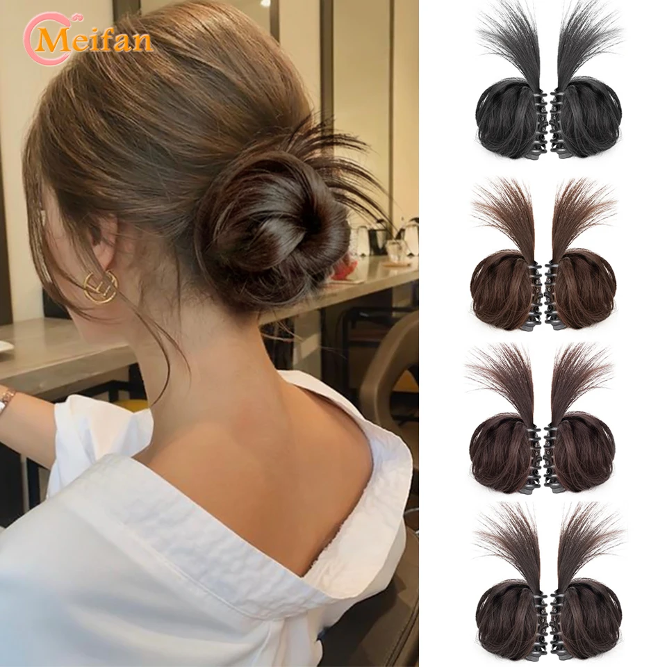 MEIFAN 합성 하프 타이 더블 헤어 번들 지저분한 낮은 클로 Chignon 여성용 헤어 테일 확장 주변의 작은 헤어 번 랩..