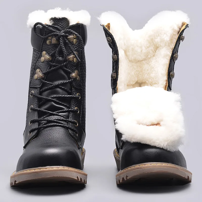 

WTEMPO Natural Wool Winter Boots Handmade Warmest Men Winter Shoes Genuine Leather Snow Boots Large Size 40-48