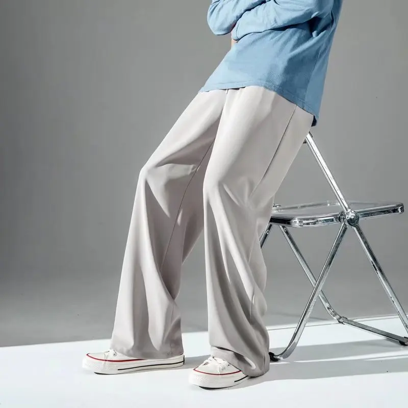 

Baggy Straight Wide Pants Men Summer Thin Ice Silk Trousers Korean Style Casual Vintage Solid Male Bottoms Oversized Y2K Clothes