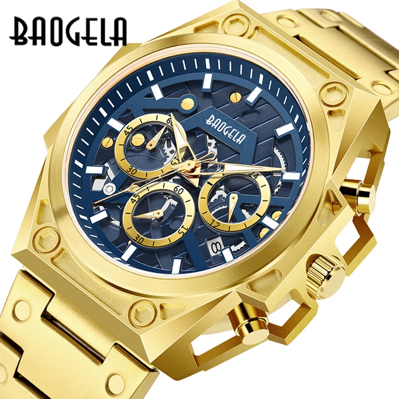 

BAOGELA Watches Men 2023 Stainless Steel Luxury Brand Military Sports Wristwatch Leather Strap Chronograph Quartz Watch 22605