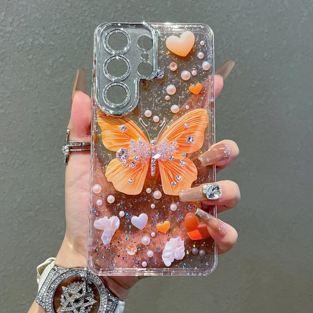 Luxurious Sparkling Diamond Butterfly Pearl Pattern Bling Glitter Silicone Case