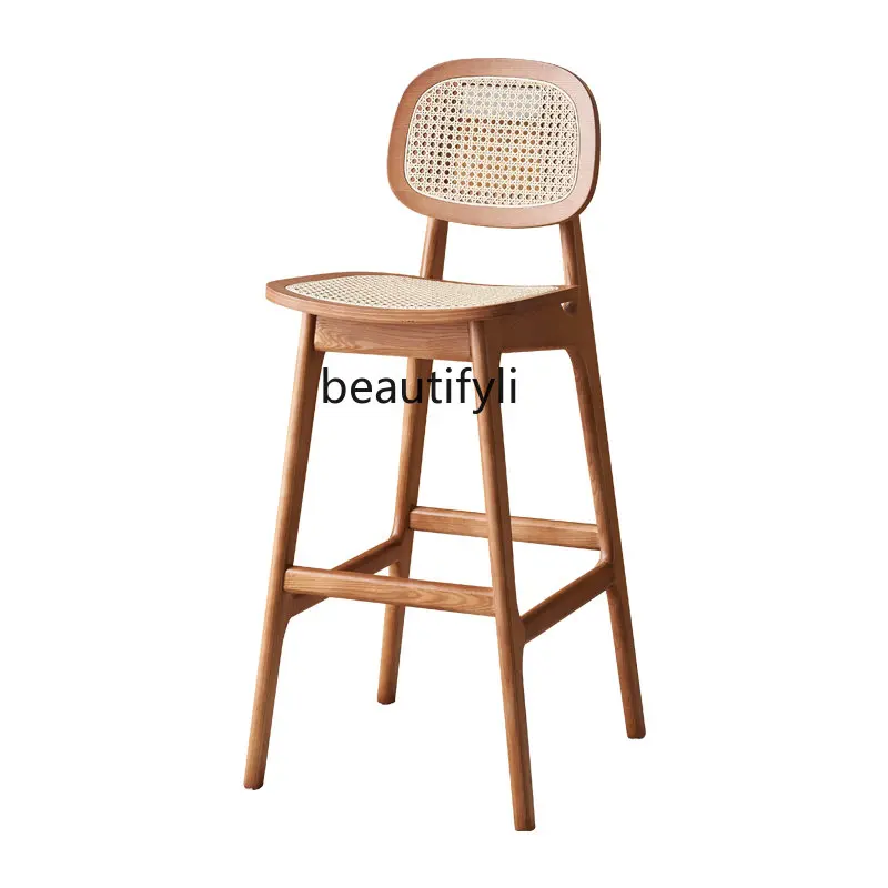 

Nordic Solid Wood Bar Stool Modern Minimalist Rattan Bar Chair Backrest Ins Style Cafe Bar-Stool chairs for bedroom furniture