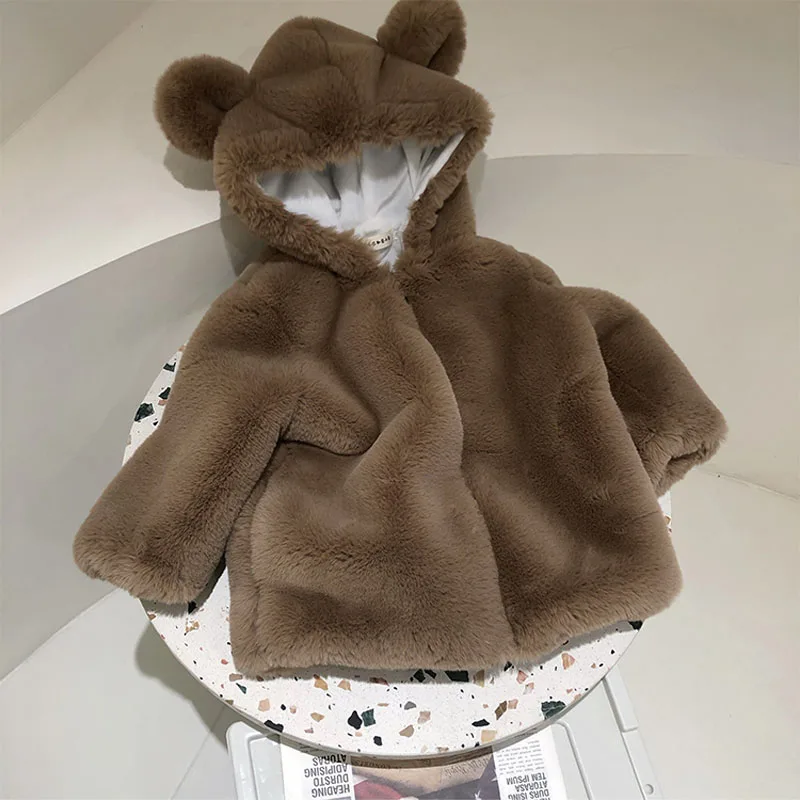 

Children's Plush Jacket Girl Autumn Faux Rabbit Fur Thickened Warm Top Winter Baby Boy Hooded Zipper Loose Coats Mid-length