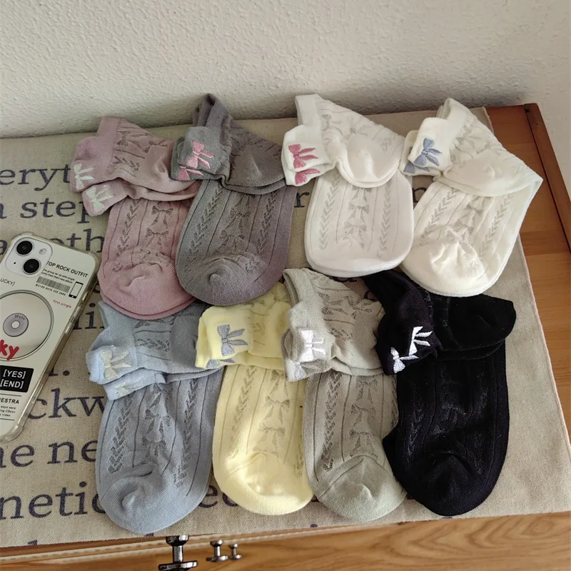 

Cute Style Bow Knot Embroidery Women's Socks Cotton Summer Thin Hollow Breathable Lolita Lovely Sweet Anklet Socks Wholesale