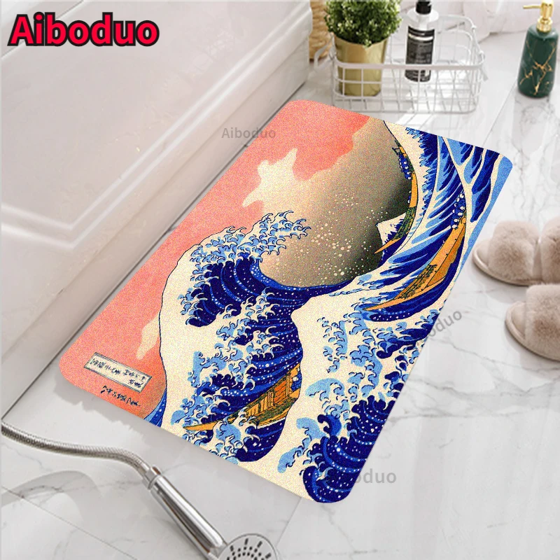 

Door Mat Kit Wave Art 40x60/50x80 Living Room Bathroom Carpet Set Toilet Mat Set Bathroom Non-slip Waterproof Bathroom Door Mat