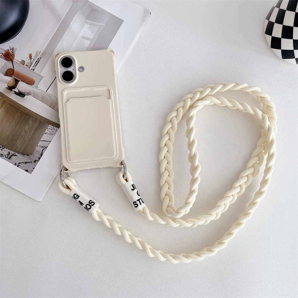 Braided Crossbody Strap Lanyard Phone Case with Wallet Card Holder and Silicone Cover