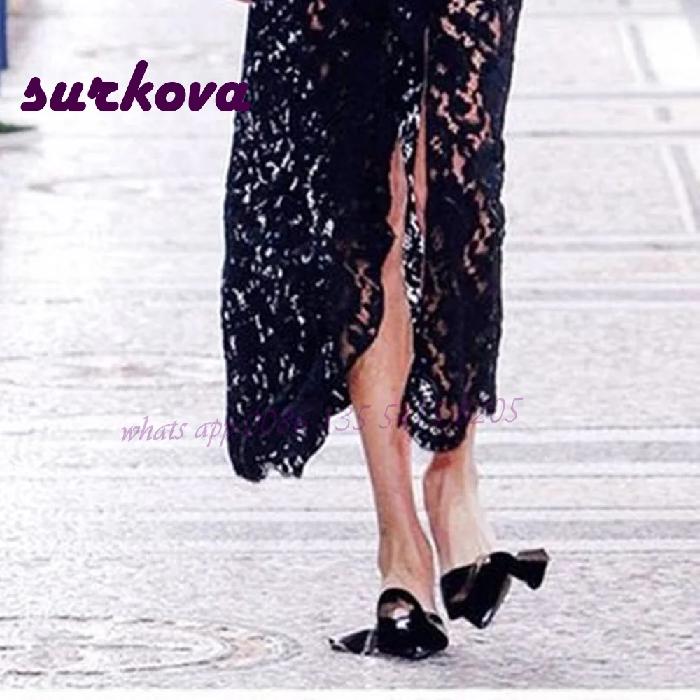 

Black Ruffles Shallow Pumps Patent Leather Pointed Toe Low Heels Flat with Casual Shoes Runway Party Shoes Solid Elegant Women