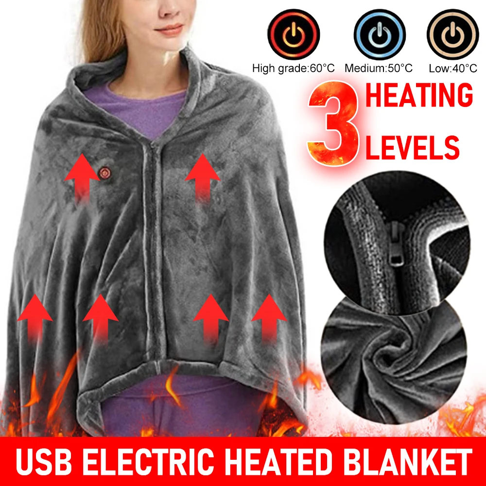 USB Electric Heated Blanket 3 Heating Levels Fleece Heated Blanket Wearable Heating Lap Blanket for Household and Office