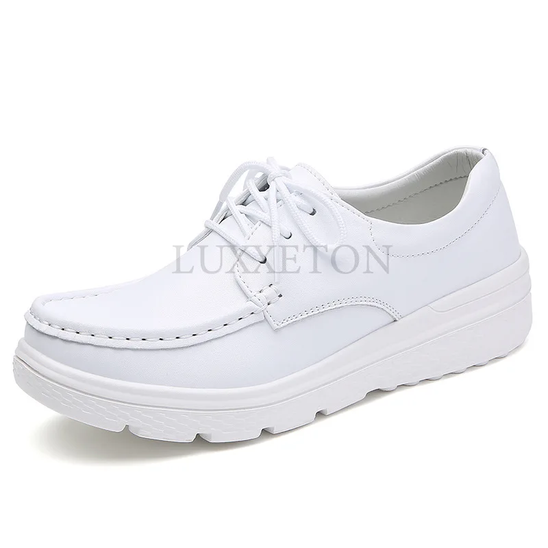 Women Walking Shoes Loafers Wedge Heels Slip Ons Thick Soles Versatile and Comfortable Nurse Work Shoes White 6