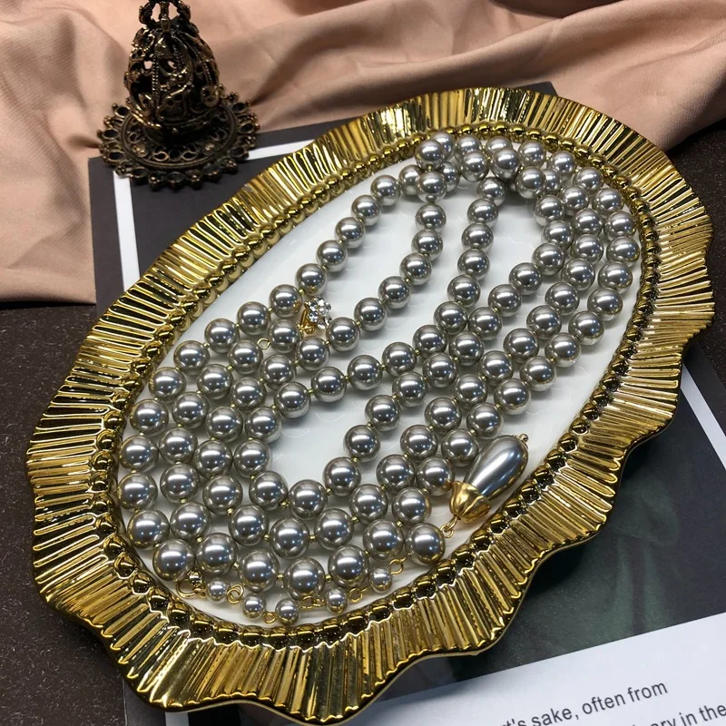 Europe and America vintage Grey Glazed Pearl Long Necklace, Earstuds