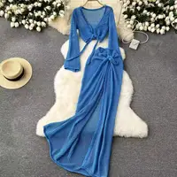 knitting Long Sleeve Bonds Top One piece Skirt Women Beach Vacation Bikini Cover Up Sun Bathing See-Through Sunscreen Smock