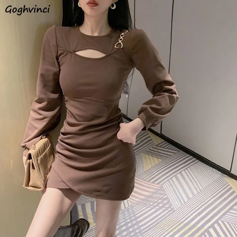 

O-neck Dresses Women Hollow Out Chain Design Fashion Mini Ladies Autumn Simple All-match Korean Style Inside Chic Long Sleeve