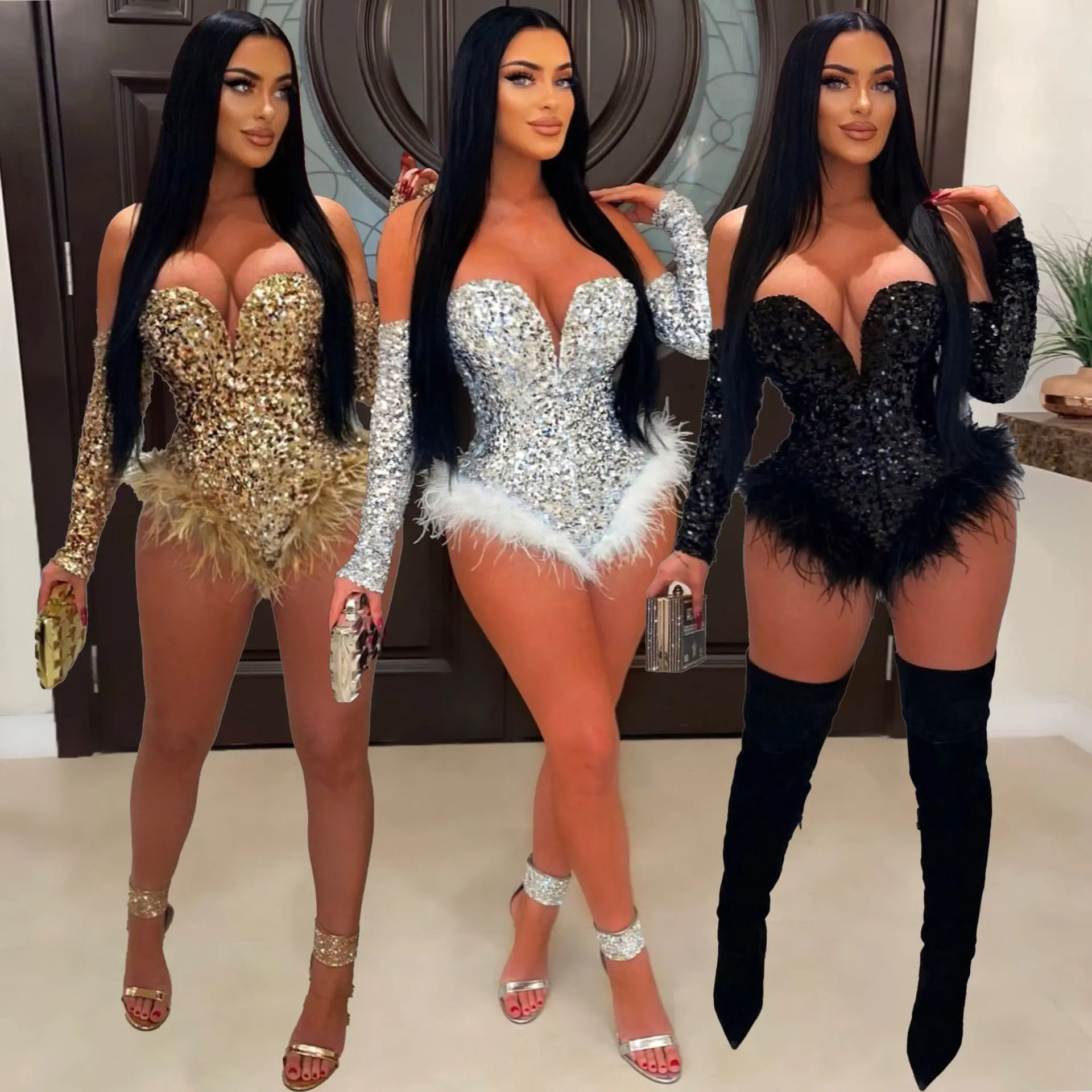 

AOSKM New Winter 2022 FYK2655 Sexy Nightclub, Fashion Casual Slim, Breast Binding, Feathers, Beads, Ladies JumPsuit