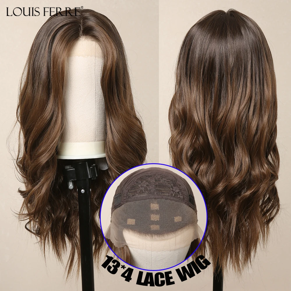 Synthetic Wig for Women 13*4 Lace Front Long Wavy Dark Brown Highlight Middle Part Daily Cosplay High Temperture Hair