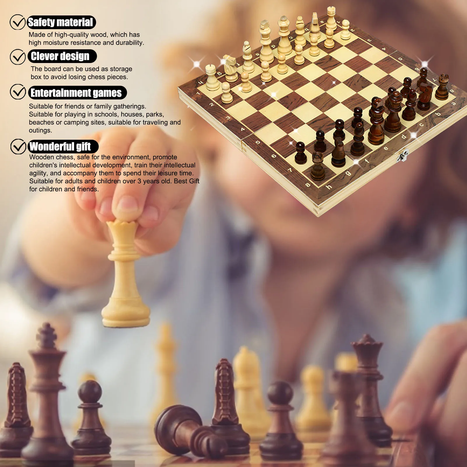 Chess Set - Magnetic Foldable Portable Solid Wood Chess Board - Educational Games for Students and Kids - Christmas Gift