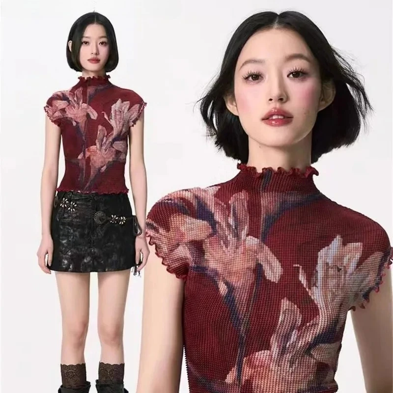 Kimotimo Y2k Printed Folds Tshirts Women 2026 Summer Half High Collar Slim Fit Short Sleeve Crop Tops Harajuku Ropa De Mujer INS 2