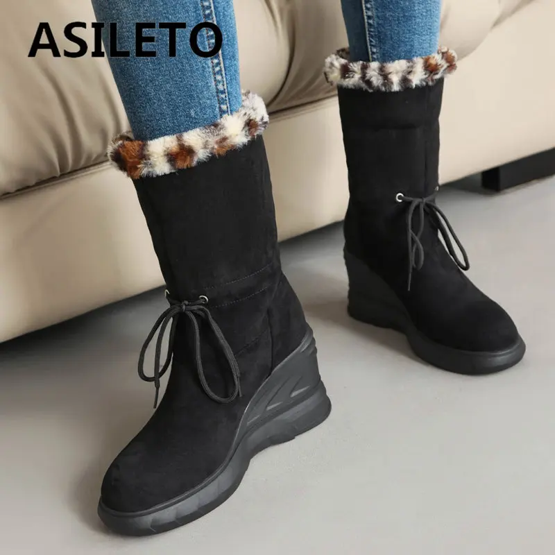 

ORCHA LISA Brand Women Snow Boots Round Toe Wedges 8.5cm Platform 2.5cm Lace Up Plus Size 42 43 Leisure Daily Winter Warm Shoes