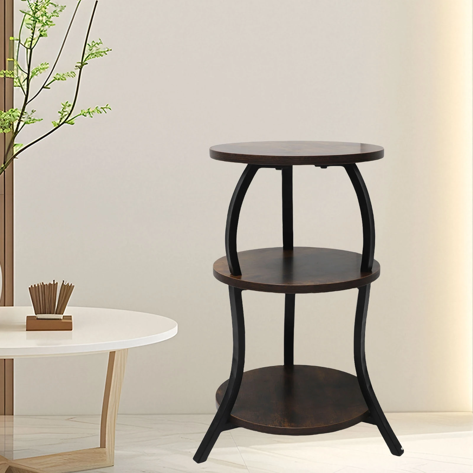 Round End Table Side Table 3 Tier MDF Metal Frame Rustic Accent Table Nightstand for Living Room Bedroom Couch
