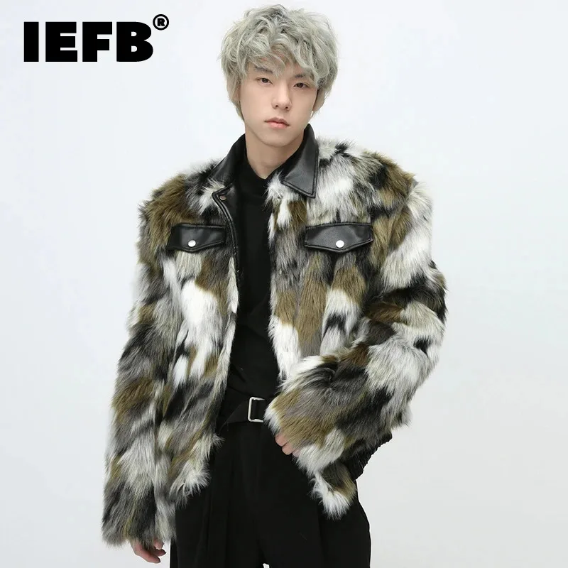 

IEFB Camouflage Color Men's Faux Fur Short Coats Vintage PU Leather Turn-down Collar Pocket Male Jackets American Style 9C4041