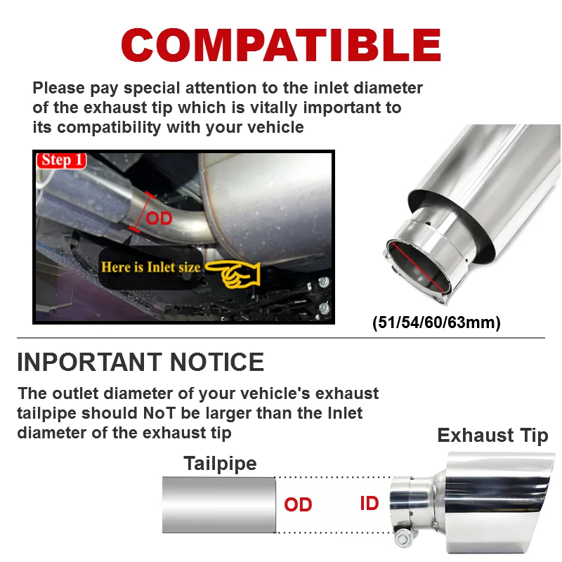 1 Pcs Universal Exhaust Tip 304 Stainless Steel Car Exhaust Muffler Tip Tailpipe Oblique Mouth Car 63mm inlet Tips exhaust muffler tip