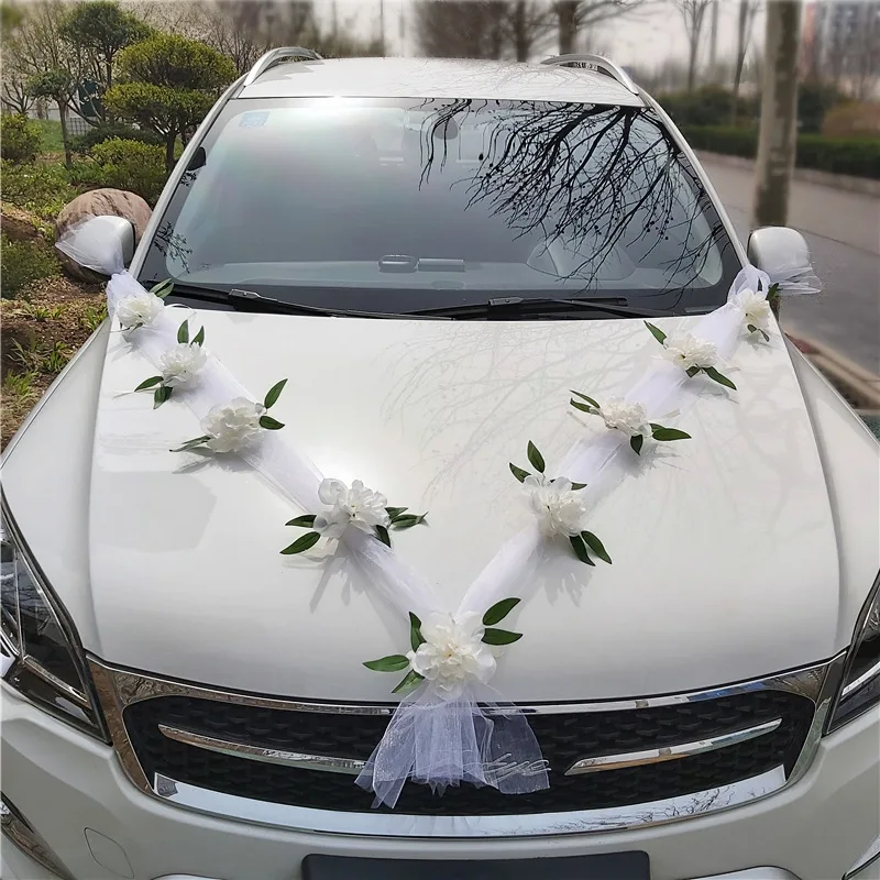 11Flowers White Pink Rose Artificial Flower for Wedding Car Decoration Bridal Car Decorations Reversing mirror Ribbons Silk Flow