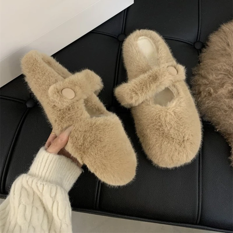 

2024 New Fashion Autumn and Winter Women's Cotton Slippers Plush Round Head Shallow Button Warm Casual Flat Bottom Women's Shoes