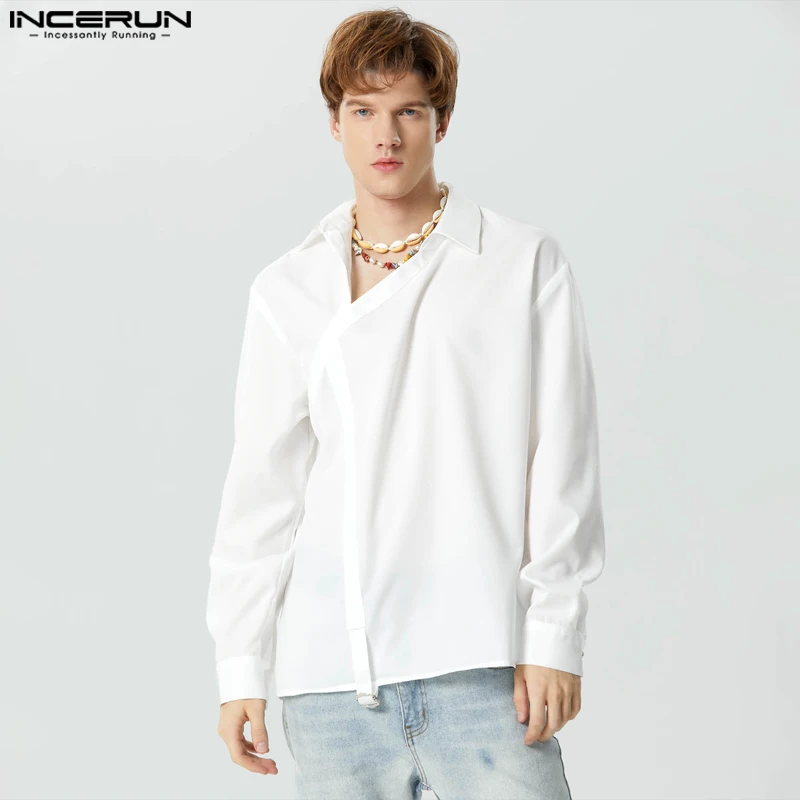 

INCERUN Tops 2023 American Style New Men's Solid Irregular Metal Buckle Shirts Casual Drawstring Long Sleeved Lapel Blouse S-5XL