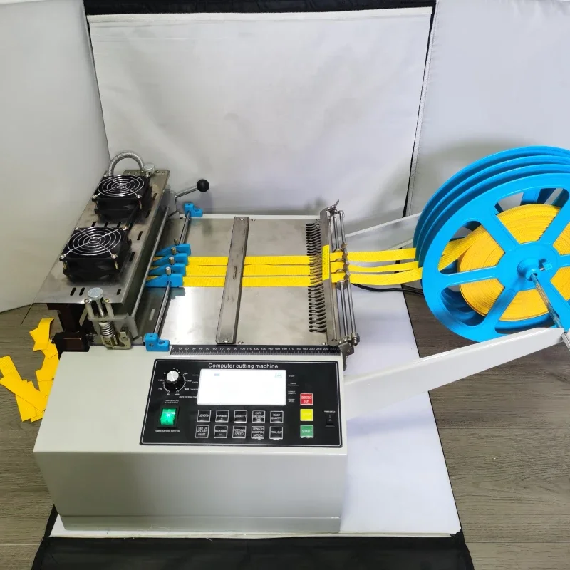 

320T computer automatic cold and hot Cloth belt cutting machine, magic adhesive tape zipper webbing elastic belt cutter