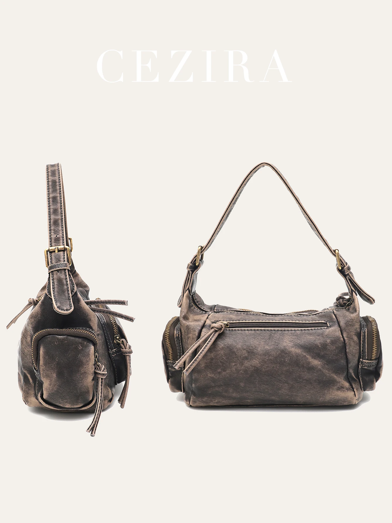 Women Retro Cool Preppy Street Style Shoulder Bag Washed PU Vegan