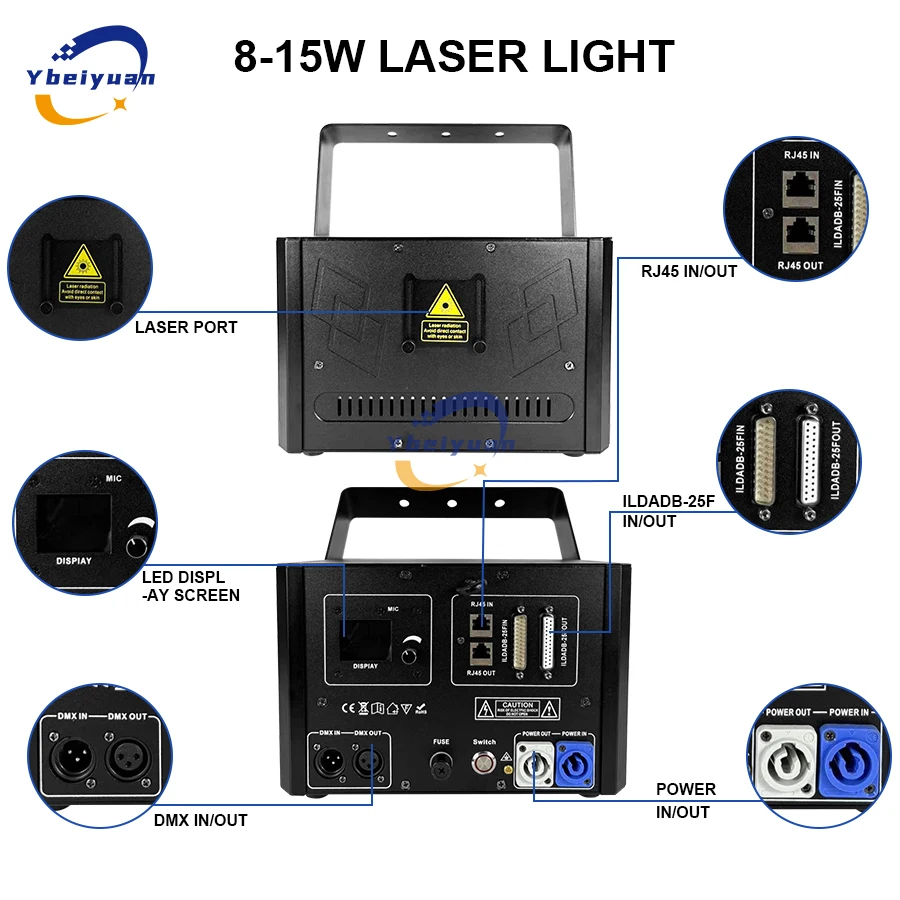 RGB Animation Laser Light 15W Laser Projector with Bluetooth APP, ILDA FB4 DMX Control Disco Party Wedding Christmas Stage Light 3