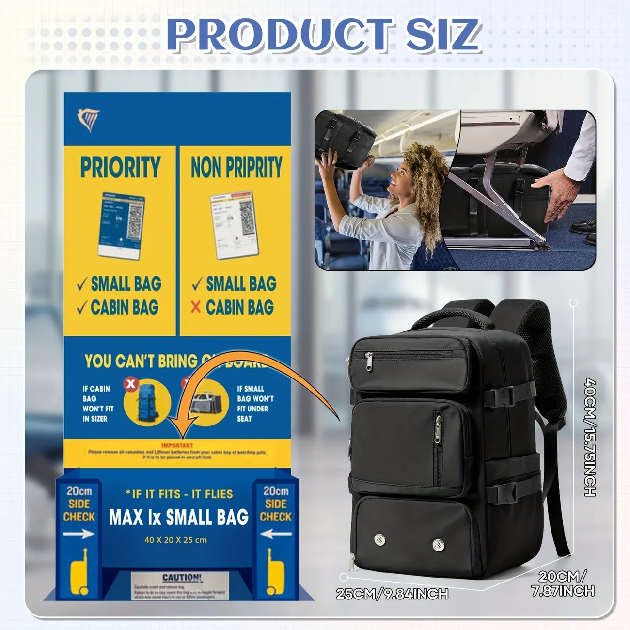 Ryanair Cabin Bags 40x20x25 Underseat Travel Backpack Multi-Functional Nylon Carry-On Shoe Compartment Carry-On Approved Handbag