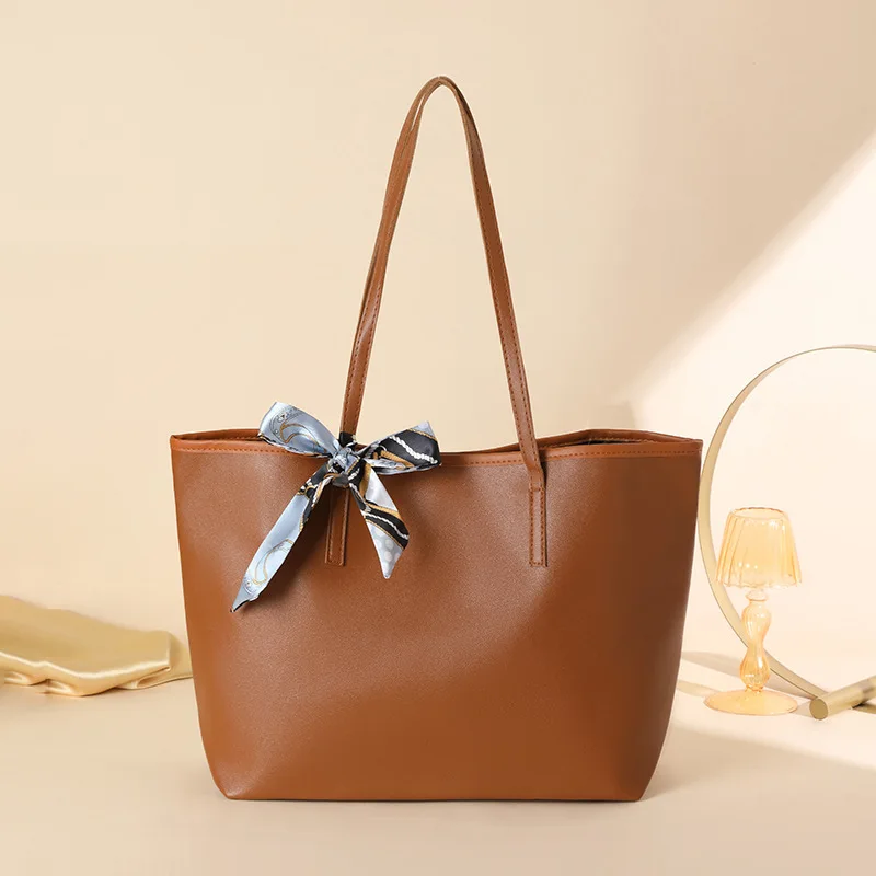 Women's Shoulder Bag Foreign Trade Fashion Large Capacity Tote Bag Lychee Pattern Silk Scarf