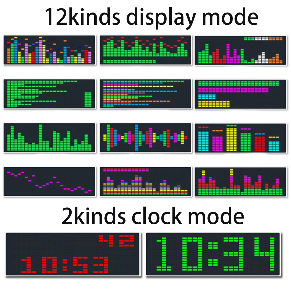 LED music Spectrum rhythm lights voice sensor 1624 RGB atmosphere level indicator with clock display audio spectrum indicator