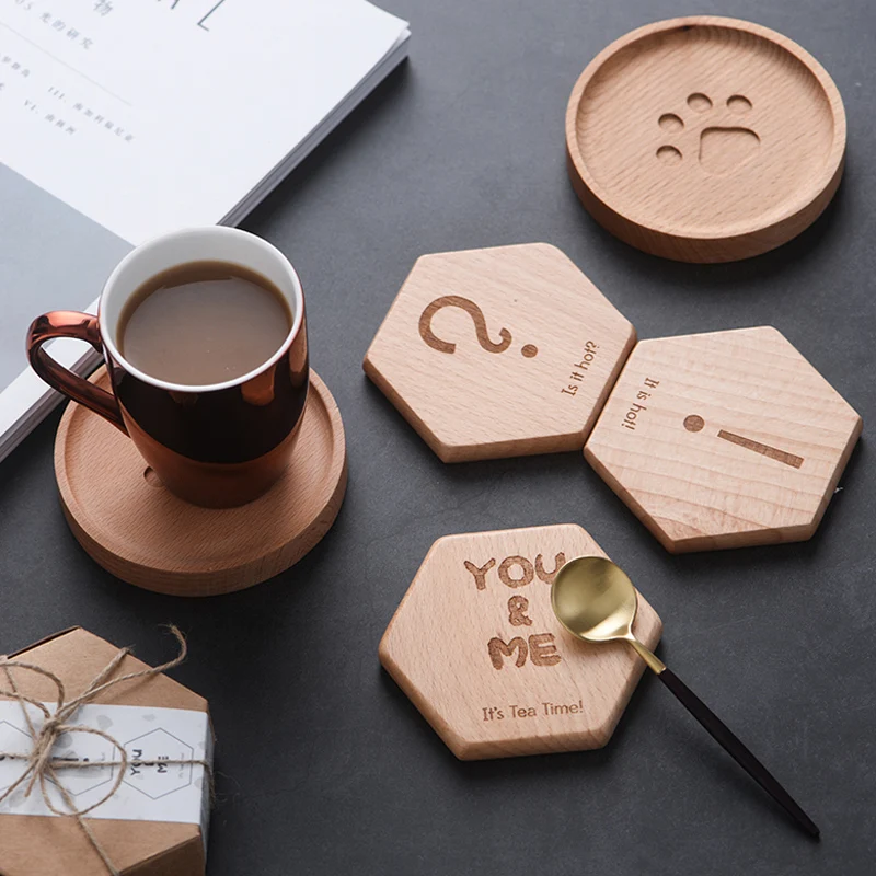 1pc Wooden Coaster Cute Hexagon Beech Wood Coaster Cup Mats Mug Pad Table Placemats Coaster For Glasses - -