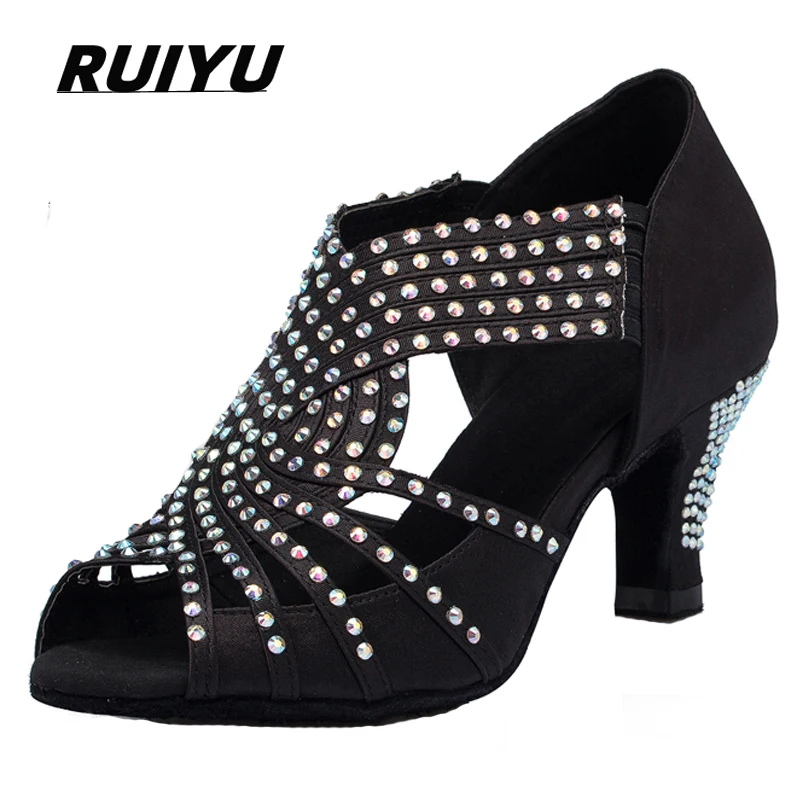 

Latin Shoes Women's Salsa Tango Ballroom Party High Heel Women's Shoes Rhinestones Black Blue Summer Sandals Dance Sports Shoes