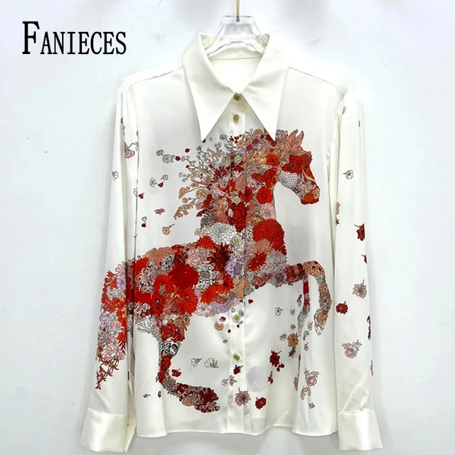 Satin White Shirt: Luxury Red Horse Print