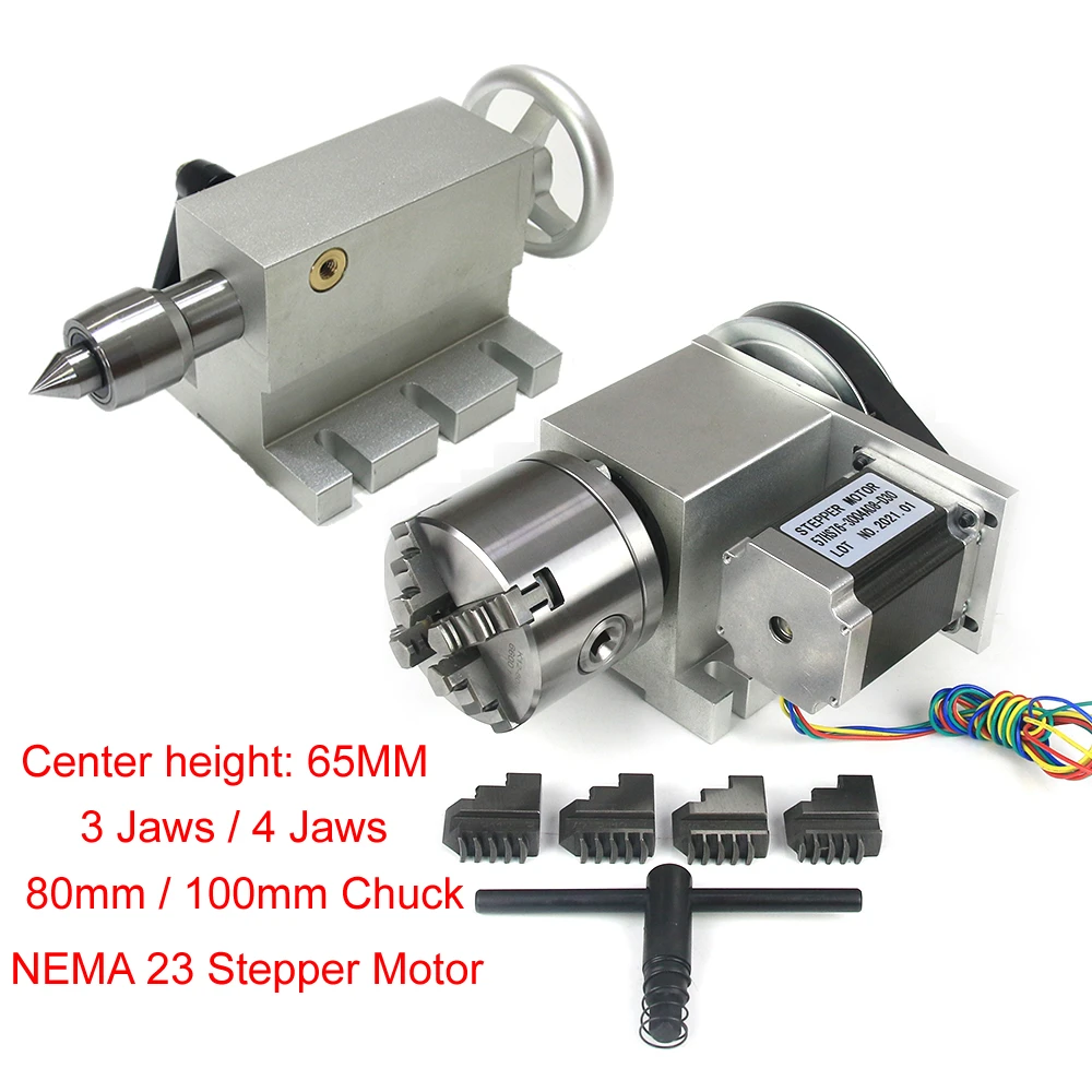 

Center Height 65MM 4 Axis Tailstock 4th A Axis Rotary Axis 3/4-jaw 80mm 100mm Chuck CNC Indexing Head NEMA 23 57 Stepper Motor