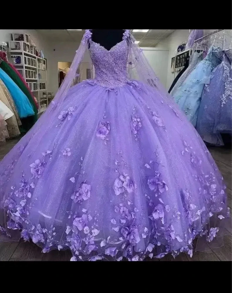 

Роскошное кружевное бальное платье высокого качества с 3D цветами, милое винтажное платье для девушек 15 лет со съемной накидкой