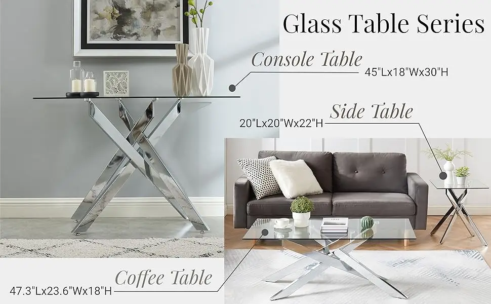 Description Picture 5 of itemStyle Console Table Narrow Sofa Table with Tempered Glass Top and Metal Tubular Legs, 45" Lx18 Wx30 H, Silver