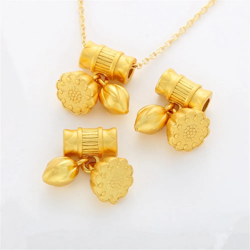 

18K gold clad matte gold two worlds of joy lotus flower heart barrel bead pendant diy handmade bracelet necklace accessories