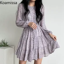 

Koamissa Sweet Women Chiffon Floral Mini Short Dress Long Sleeves Spring Summer Fashion Lady Chic A Line Dresses Slim Vestidos