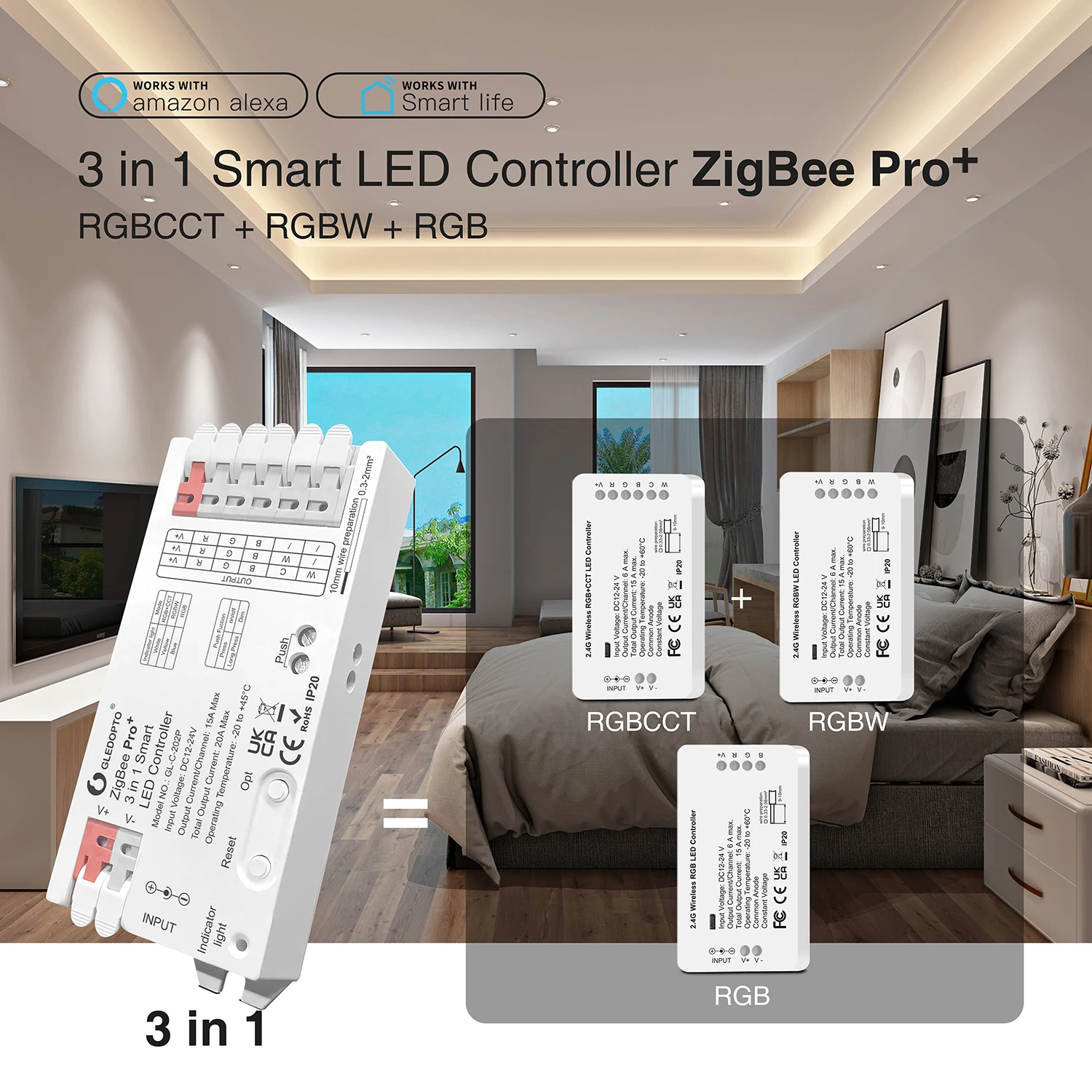 GLEDOPTO ZigBee 3.0 Pro Plus 3 in 1 RGBCCT RGBW RGB LED Strip Light Controller 20A Max H/ue Alexa Tuya Smart APP Voice Control