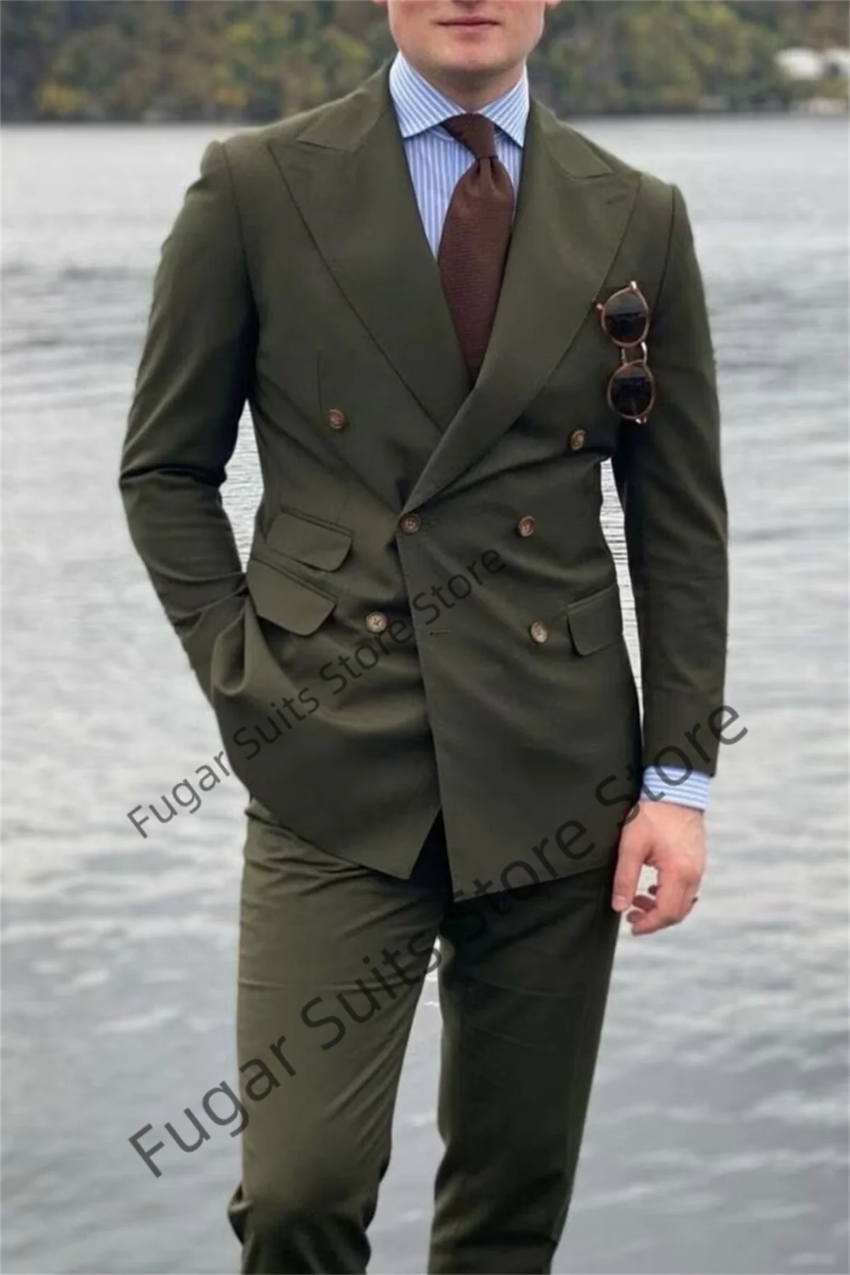 Handsome Army Green Wedding Men's clothing Slim Fit Double Breasted Groom Tuxedos 2 Pieces Sets Cool Male Blazer Ternos Masuino