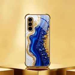 Luxurious Blue Gold Fluid Abstract Art Glass Phone Case with Gold Plated Design - Galaxy A35 5G (Z1)