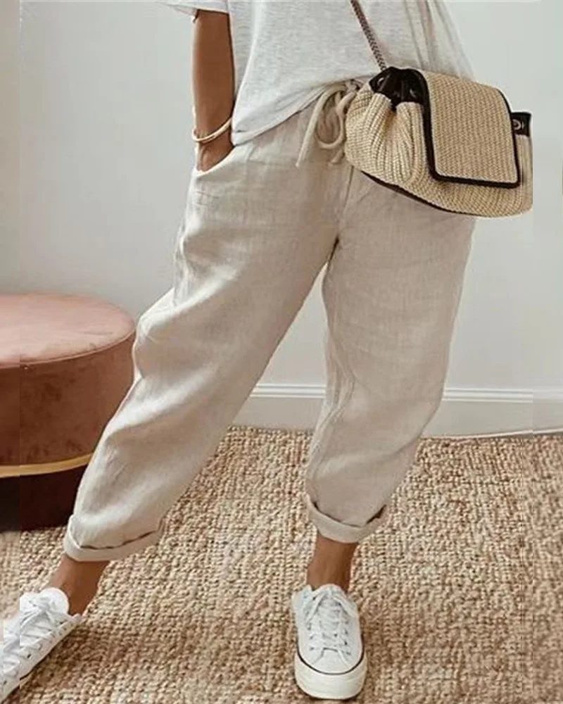

Summer Women Mid-waist Ankle Length Pant Drawstring Pocket Design Cuffed Pants