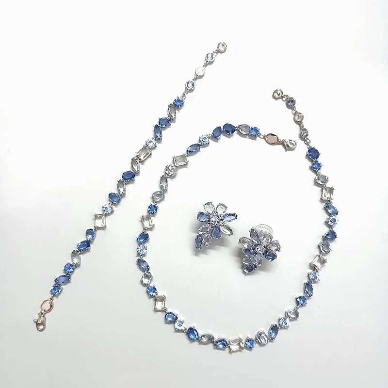 

2023 New Swan Jewelry Gema Series Set Blue Dazzling Transparent Crystal Earrings Necklace Bracelet Exquisite Girl Gift